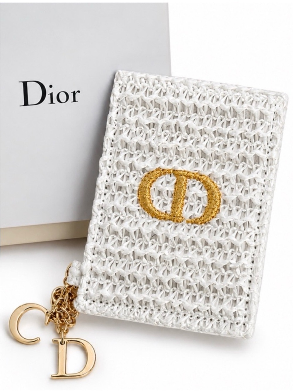 Dior Beauty White Raffia Mirror with "CD" Charms